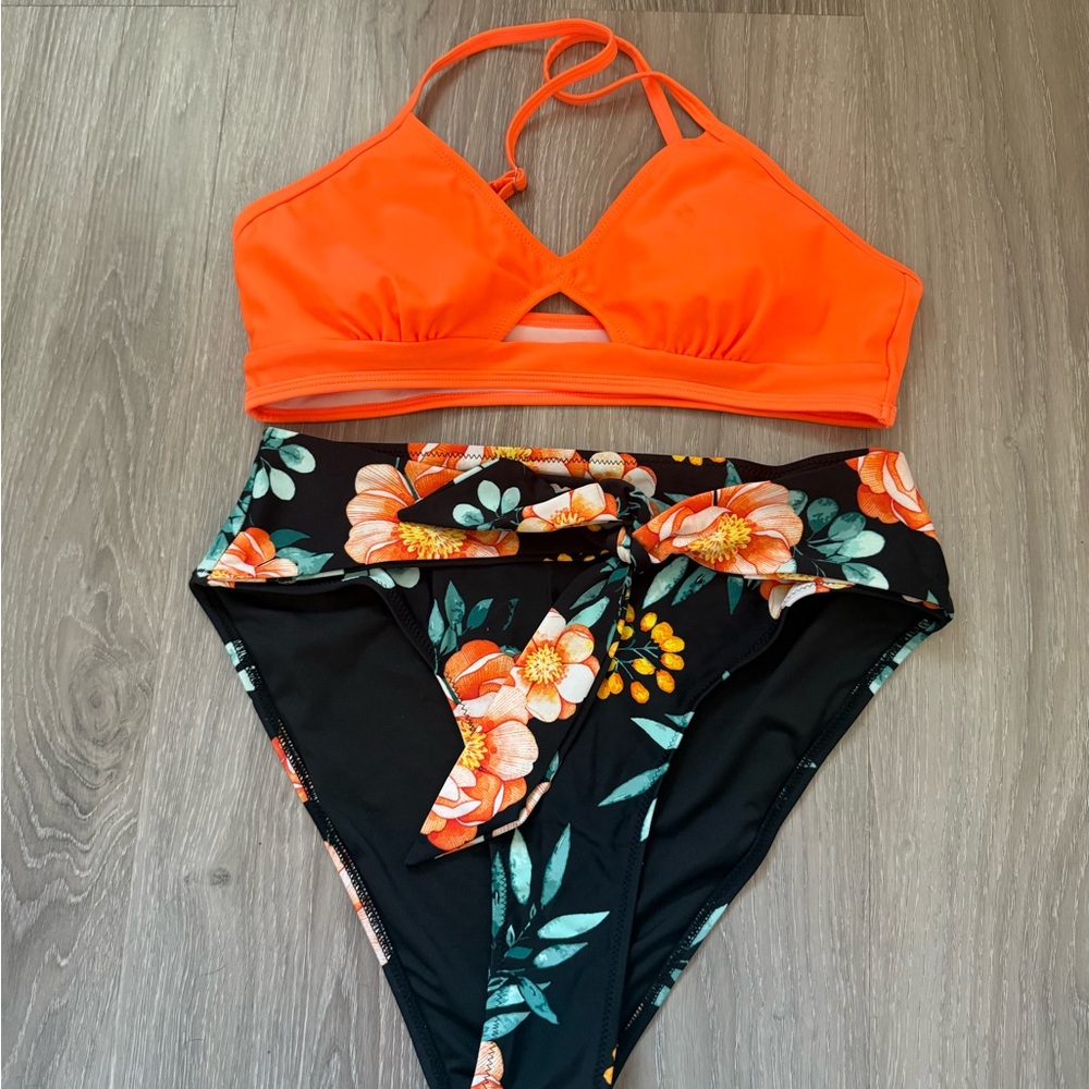 Vibrant Orange Bikini Top with Floral High-Waisted Bottoms